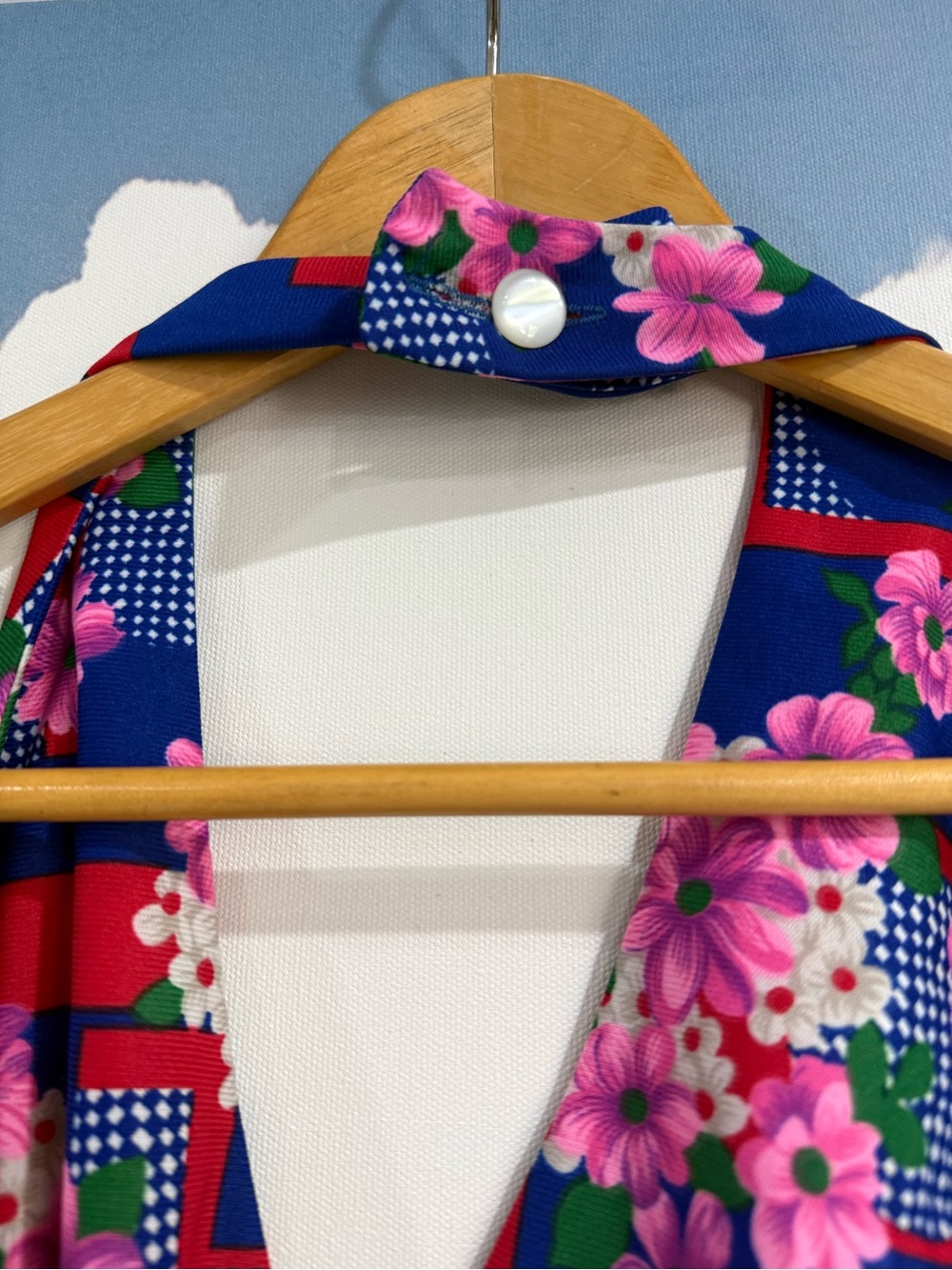 Vintage Floral Halter Maxi Dress - Bold Blue Pink Floral Geometric Print S/M fit - Picture 5 of 11